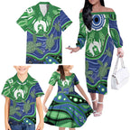 Torres Strait Islands Family Matching Off The Shoulder Long Sleeve Dress and Hawaiian Shirt Dhari Turtles Sea Animal Aboriginal Dot Art