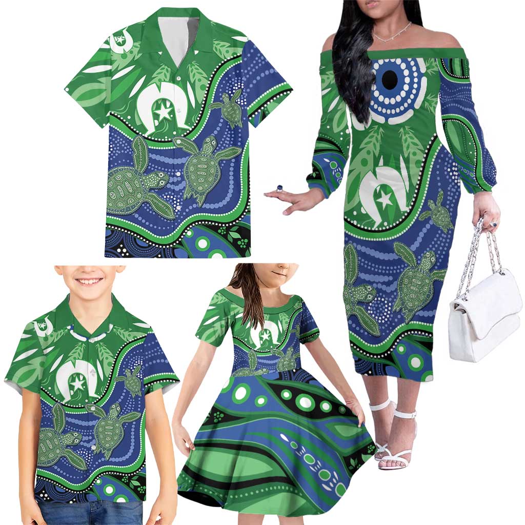 Torres Strait Islands Family Matching Off The Shoulder Long Sleeve Dress and Hawaiian Shirt Dhari Turtles Sea Animal Aboriginal Dot Art