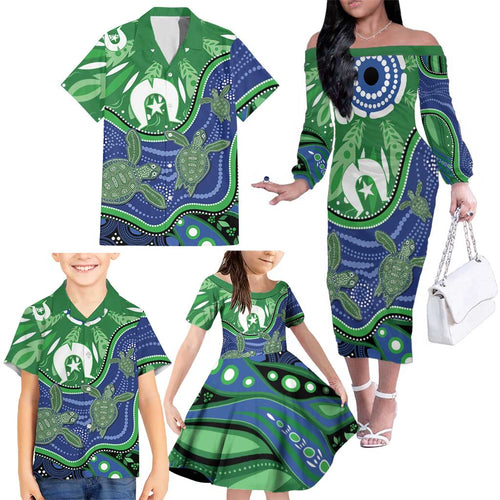 Torres Strait Islands Family Matching Off The Shoulder Long Sleeve Dress and Hawaiian Shirt Dhari Turtles Sea Animal Aboriginal Dot Art