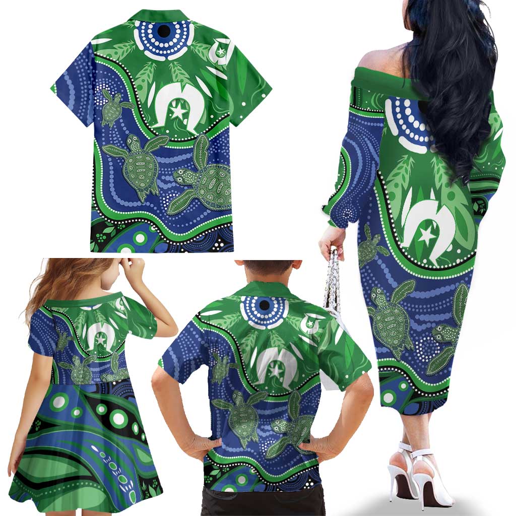 Torres Strait Islands Family Matching Off The Shoulder Long Sleeve Dress and Hawaiian Shirt Dhari Turtles Sea Animal Aboriginal Dot Art