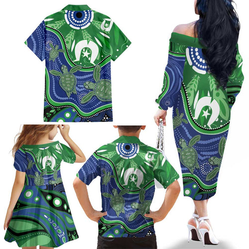 Torres Strait Islands Family Matching Off The Shoulder Long Sleeve Dress and Hawaiian Shirt Dhari Turtles Sea Animal Aboriginal Dot Art
