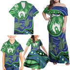 Torres Strait Islands Family Matching Off Shoulder Maxi Dress and Hawaiian Shirt Dhari Turtles Sea Animal Aboriginal Dot Art
