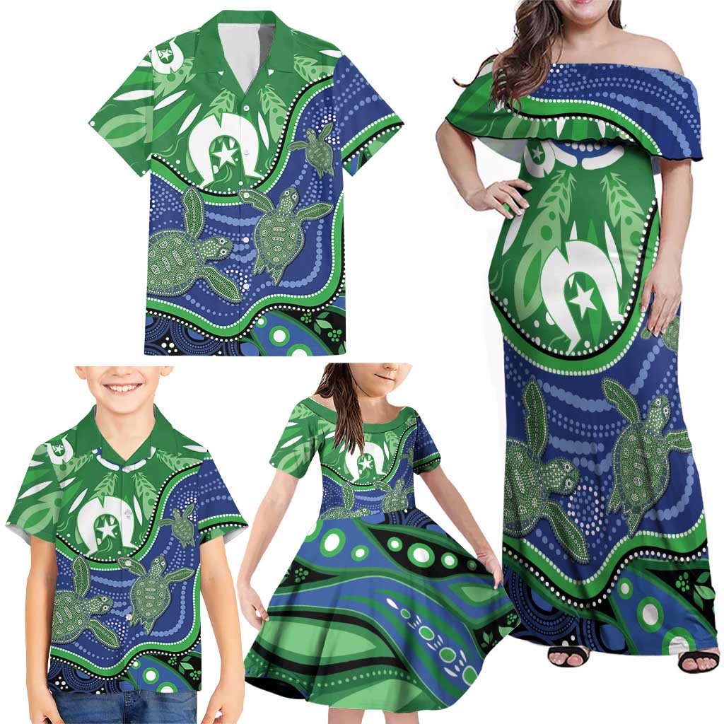 Torres Strait Islands Family Matching Off Shoulder Maxi Dress and Hawaiian Shirt Dhari Turtles Sea Animal Aboriginal Dot Art