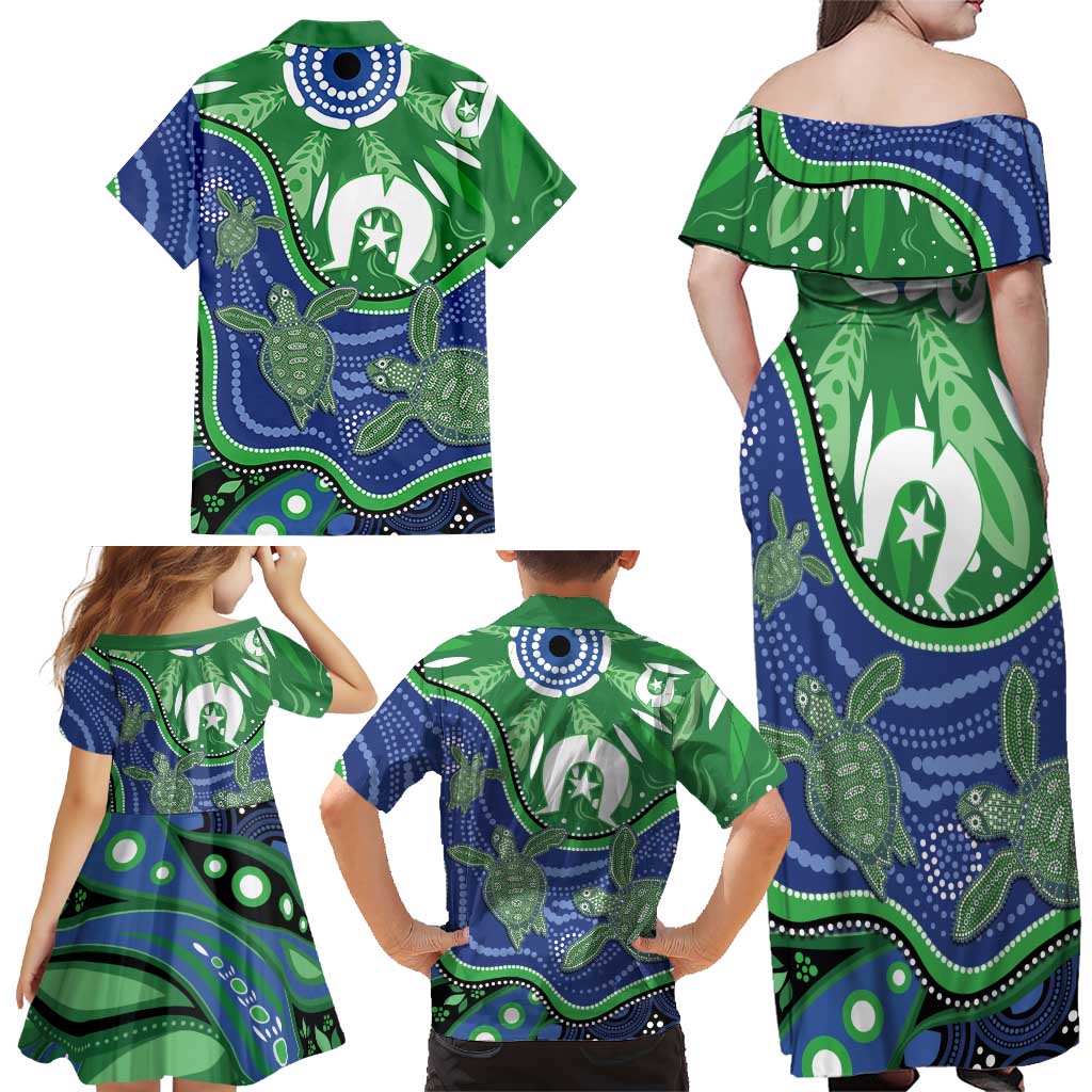 Torres Strait Islands Family Matching Off Shoulder Maxi Dress and Hawaiian Shirt Dhari Turtles Sea Animal Aboriginal Dot Art