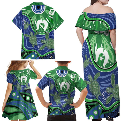 Torres Strait Islands Family Matching Off Shoulder Maxi Dress and Hawaiian Shirt Dhari Turtles Sea Animal Aboriginal Dot Art