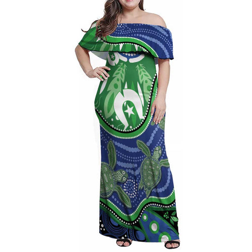 Torres Strait Islands Family Matching Off Shoulder Maxi Dress and Hawaiian Shirt Dhari Turtles Sea Animal Aboriginal Dot Art