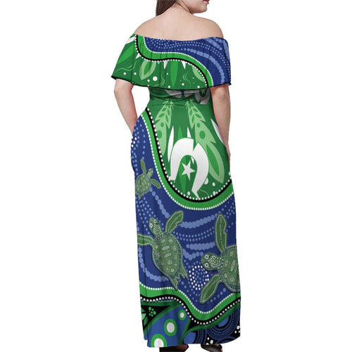 Torres Strait Islands Family Matching Off Shoulder Maxi Dress and Hawaiian Shirt Dhari Turtles Sea Animal Aboriginal Dot Art