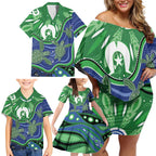 Torres Strait Islands Family Matching Off Shoulder Short Dress and Hawaiian Shirt Dhari Turtles Sea Animal Aboriginal Dot Art