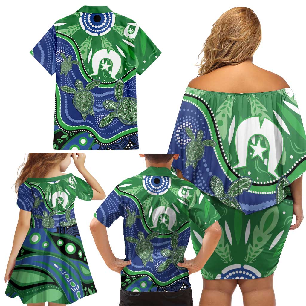 Torres Strait Islands Family Matching Off Shoulder Short Dress and Hawaiian Shirt Dhari Turtles Sea Animal Aboriginal Dot Art