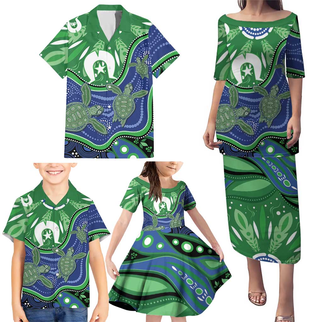 Torres Strait Islands Family Matching Puletasi and Hawaiian Shirt Dhari Turtles Sea Animal Aboriginal Dot Art