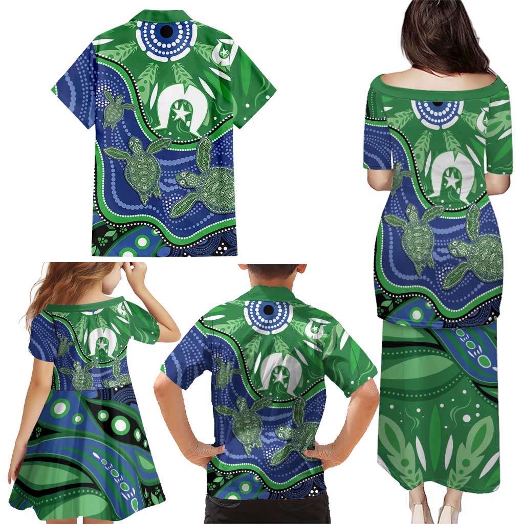Torres Strait Islands Family Matching Puletasi and Hawaiian Shirt Dhari Turtles Sea Animal Aboriginal Dot Art