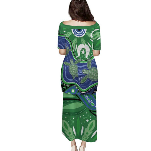 Torres Strait Islands Family Matching Puletasi and Hawaiian Shirt Dhari Turtles Sea Animal Aboriginal Dot Art