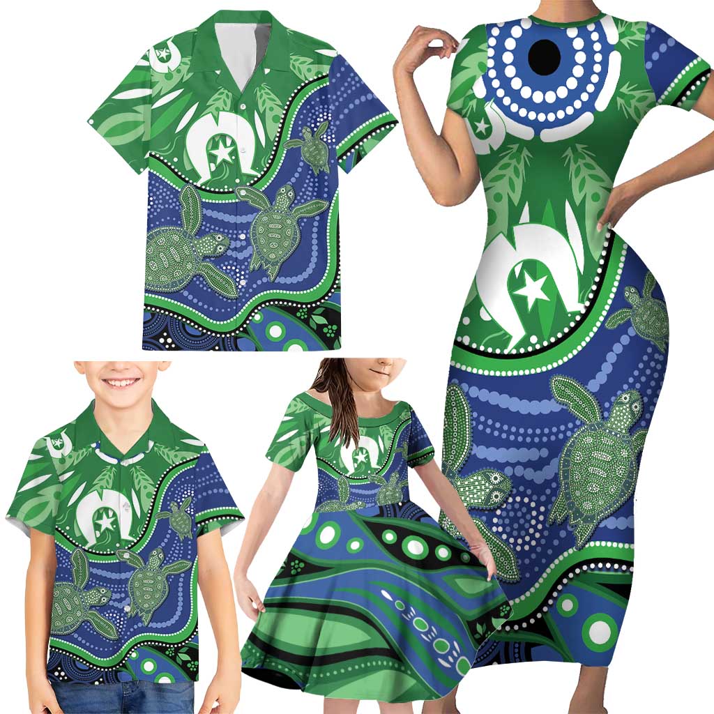 Torres Strait Islands Family Matching Short Sleeve Bodycon Dress and Hawaiian Shirt Dhari Turtles Sea Animal Aboriginal Dot Art
