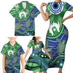 Torres Strait Islands Family Matching Short Sleeve Bodycon Dress and Hawaiian Shirt Dhari Turtles Sea Animal Aboriginal Dot Art