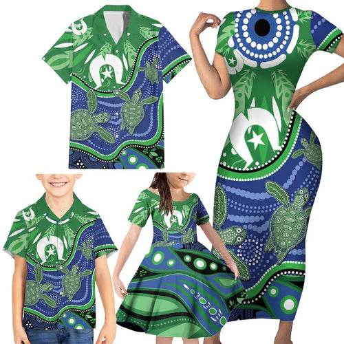 Torres Strait Islands Family Matching Short Sleeve Bodycon Dress and Hawaiian Shirt Dhari Turtles Sea Animal Aboriginal Dot Art
