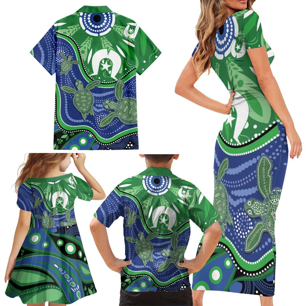 Torres Strait Islands Family Matching Short Sleeve Bodycon Dress and Hawaiian Shirt Dhari Turtles Sea Animal Aboriginal Dot Art