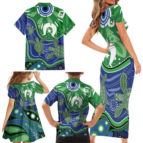 Torres Strait Islands Family Matching Short Sleeve Bodycon Dress and Hawaiian Shirt Dhari Turtles Sea Animal Aboriginal Dot Art