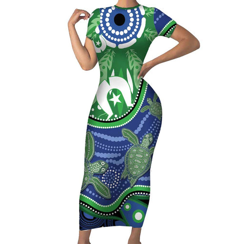 Torres Strait Islands Family Matching Short Sleeve Bodycon Dress and Hawaiian Shirt Dhari Turtles Sea Animal Aboriginal Dot Art