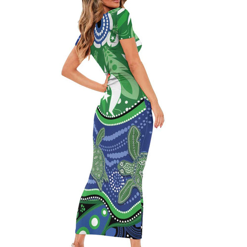 Torres Strait Islands Family Matching Short Sleeve Bodycon Dress and Hawaiian Shirt Dhari Turtles Sea Animal Aboriginal Dot Art