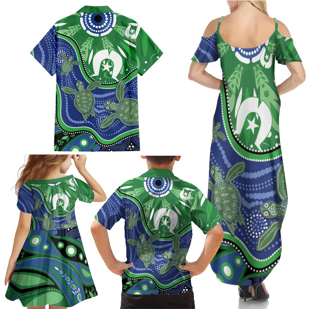 Torres Strait Islands Family Matching Summer Maxi Dress and Hawaiian Shirt Dhari Turtles Sea Animal Aboriginal Dot Art