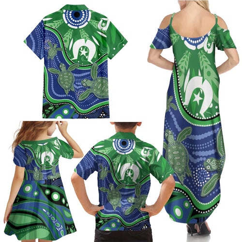 Torres Strait Islands Family Matching Summer Maxi Dress and Hawaiian Shirt Dhari Turtles Sea Animal Aboriginal Dot Art