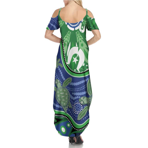 Torres Strait Islands Family Matching Summer Maxi Dress and Hawaiian Shirt Dhari Turtles Sea Animal Aboriginal Dot Art