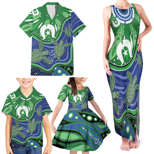 Torres Strait Islands Family Matching Tank Maxi Dress and Hawaiian Shirt Dhari Turtles Sea Animal Aboriginal Dot Art