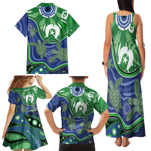 Torres Strait Islands Family Matching Tank Maxi Dress and Hawaiian Shirt Dhari Turtles Sea Animal Aboriginal Dot Art