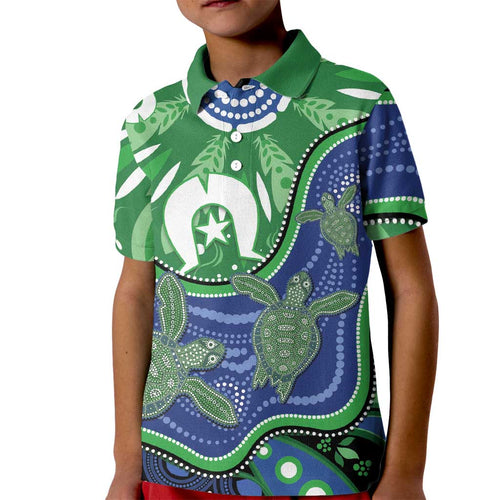 Torres Strait Islands Kid Polo Shirt Dhari Turtles Sea Animal Aboriginal Dot Art