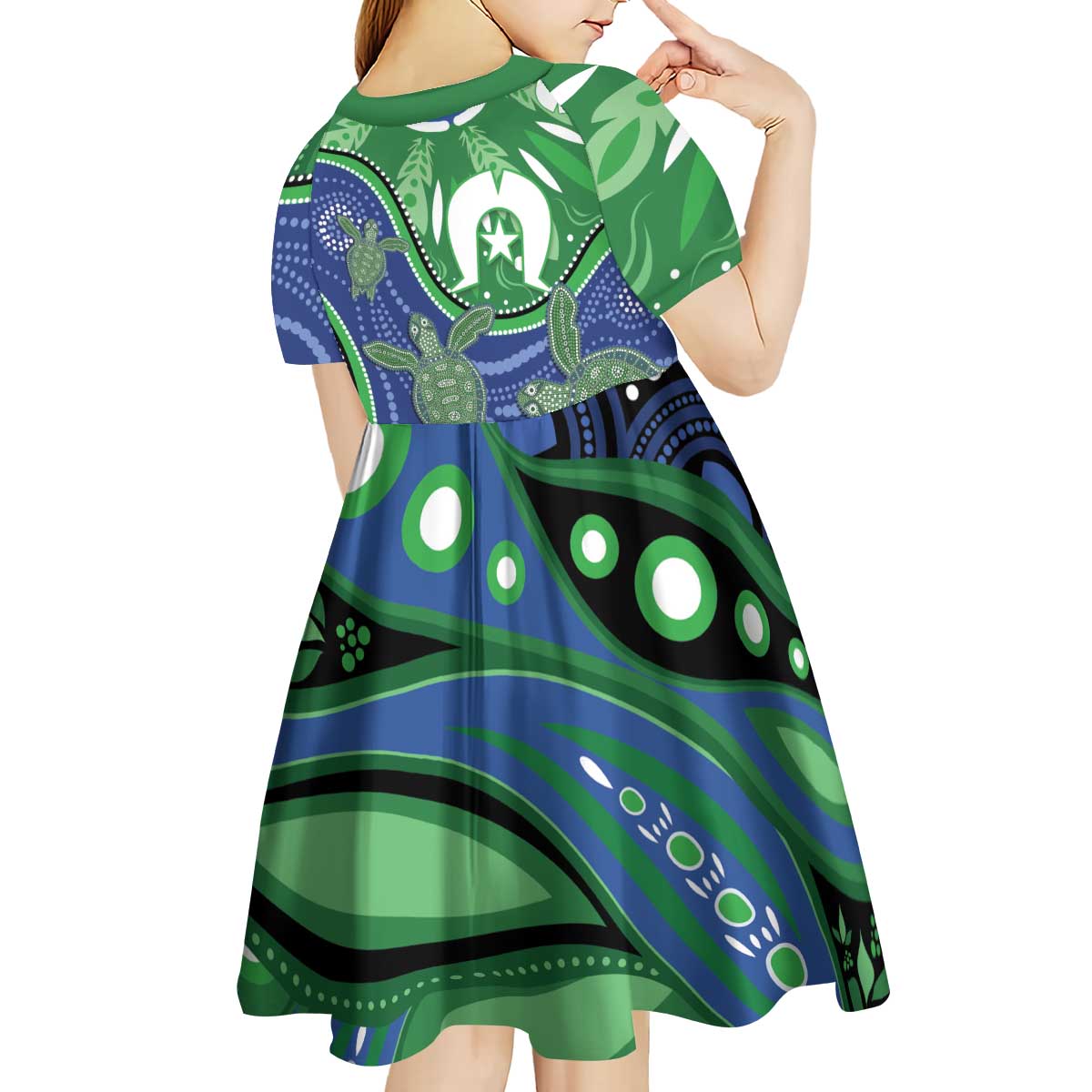 Torres Strait Islands Kid Short Sleeve Dress Dhari Turtles Sea Animal Aboriginal Dot Art