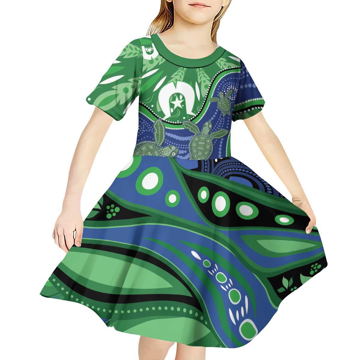 Torres Strait Islands Kid Short Sleeve Dress Dhari Turtles Sea Animal Aboriginal Dot Art