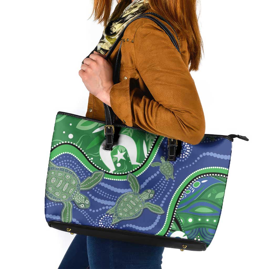 Torres Strait Islands Leather Tote Bag Dhari Turtles Sea Animal Aboriginal Dot Art