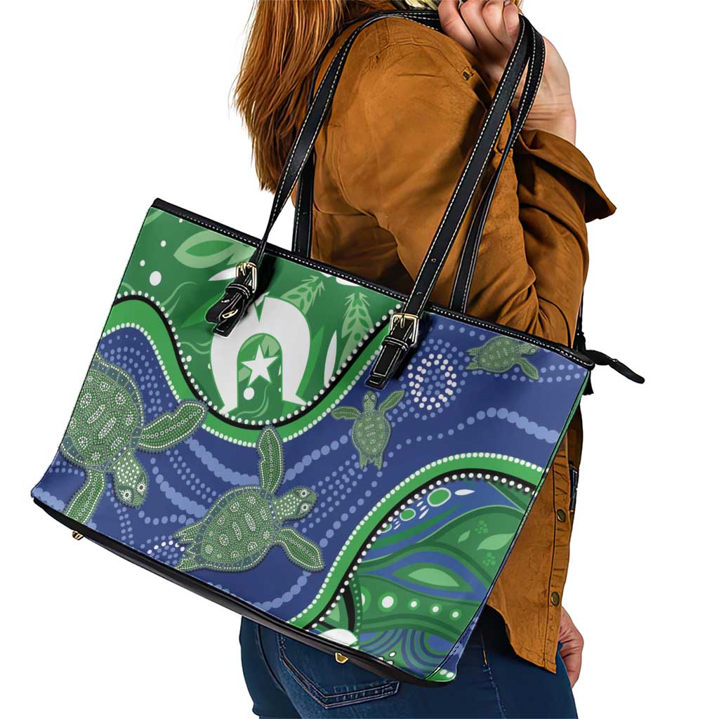 Torres Strait Islands Leather Tote Bag Dhari Turtles Sea Animal Aboriginal Dot Art