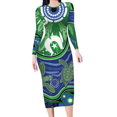 Torres Strait Islands Long Sleeve Bodycon Dress Dhari Turtles Sea Animal Aboriginal Dot Art
