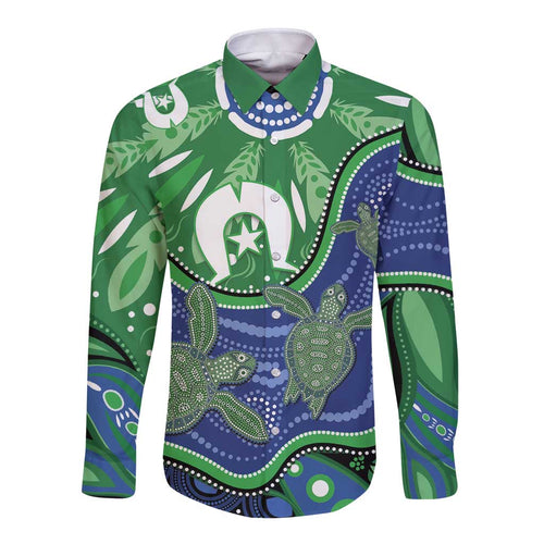 Torres Strait Islands Long Sleeve Button Shirt Dhari Turtles Sea Animal Aboriginal Dot Art