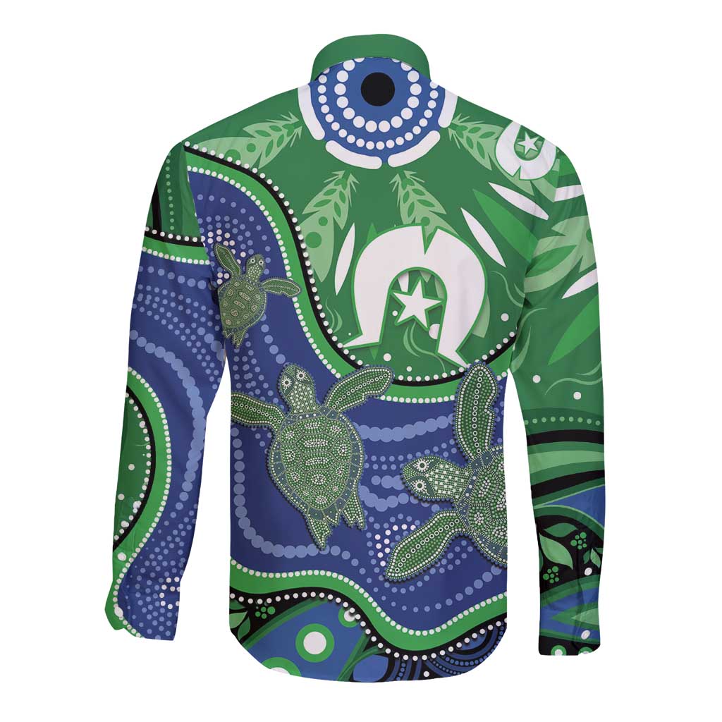 Torres Strait Islands Long Sleeve Button Shirt Dhari Turtles Sea Animal Aboriginal Dot Art