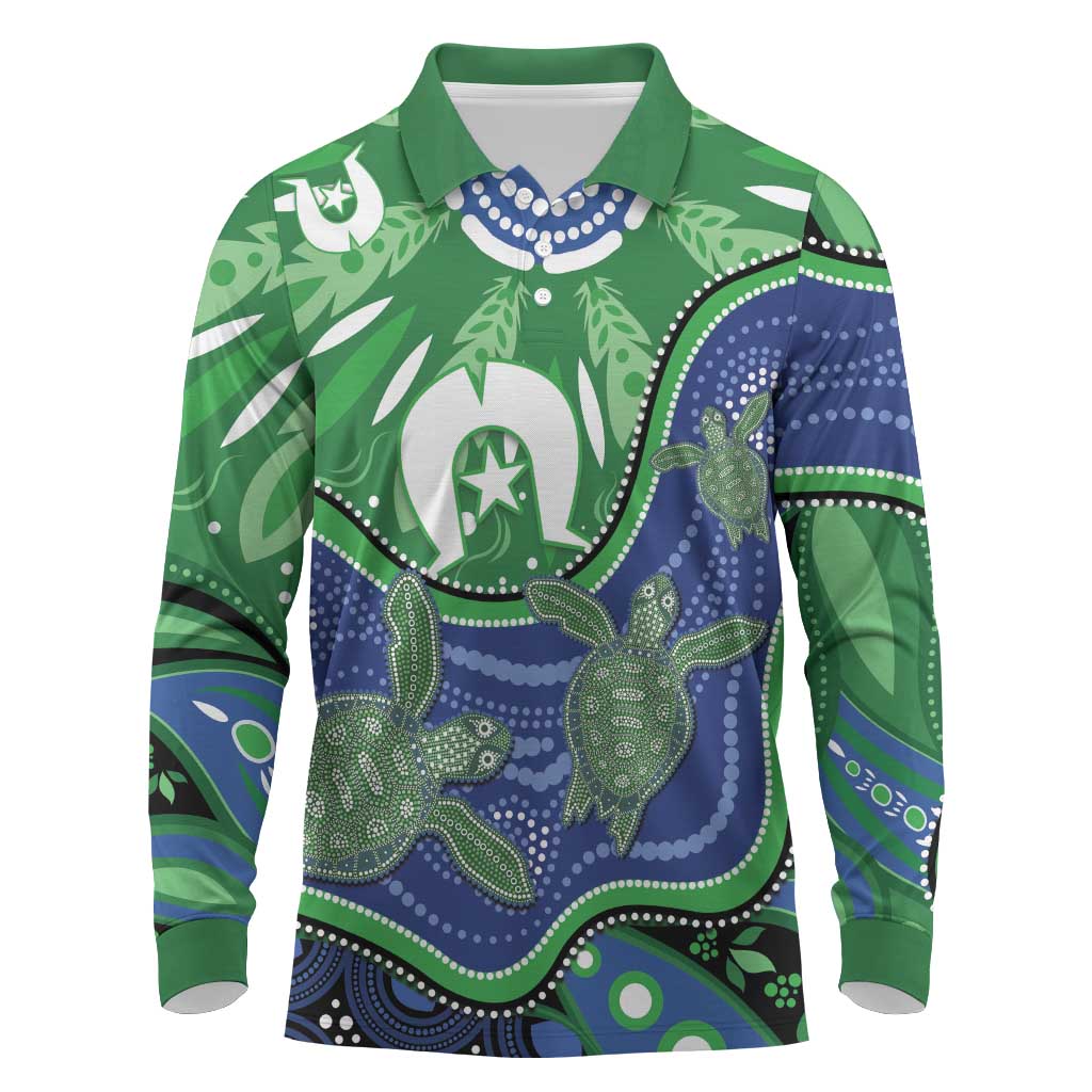 Torres Strait Islands Long Sleeve Polo Shirt Dhari Turtles Sea Animal Aboriginal Dot Art