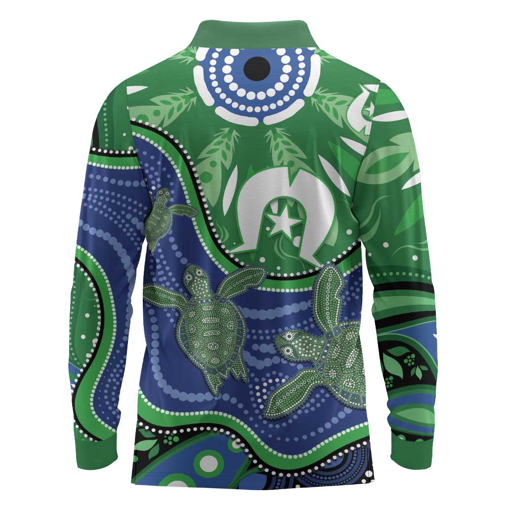 Torres Strait Islands Long Sleeve Polo Shirt Dhari Turtles Sea Animal Aboriginal Dot Art