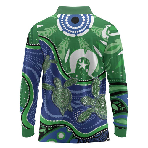 Torres Strait Islands Long Sleeve Polo Shirt Dhari Turtles Sea Animal Aboriginal Dot Art