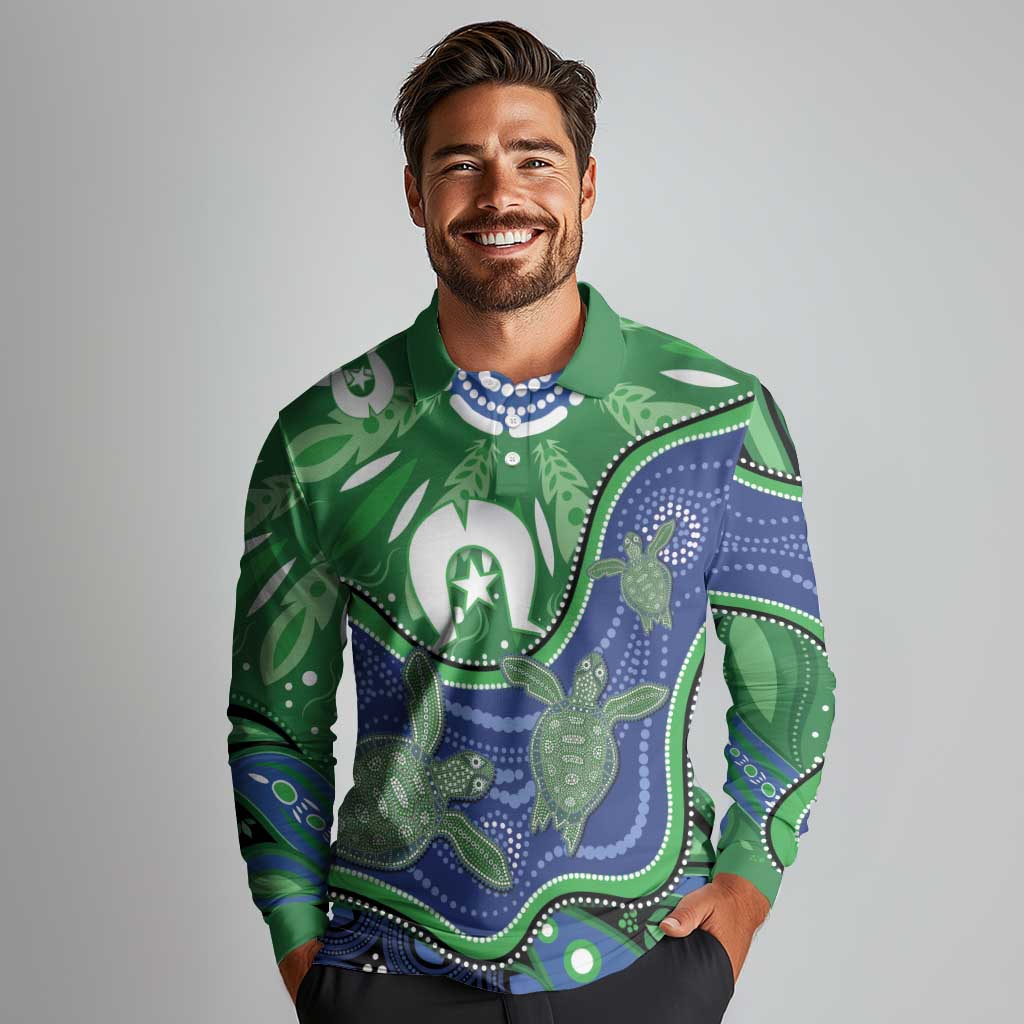 Torres Strait Islands Long Sleeve Polo Shirt Dhari Turtles Sea Animal Aboriginal Dot Art