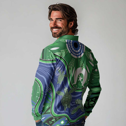 Torres Strait Islands Long Sleeve Polo Shirt Dhari Turtles Sea Animal Aboriginal Dot Art