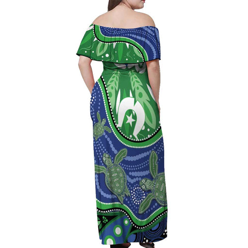 Torres Strait Islands Off Shoulder Maxi Dress Dhari Turtles Sea Animal Aboriginal Dot Art
