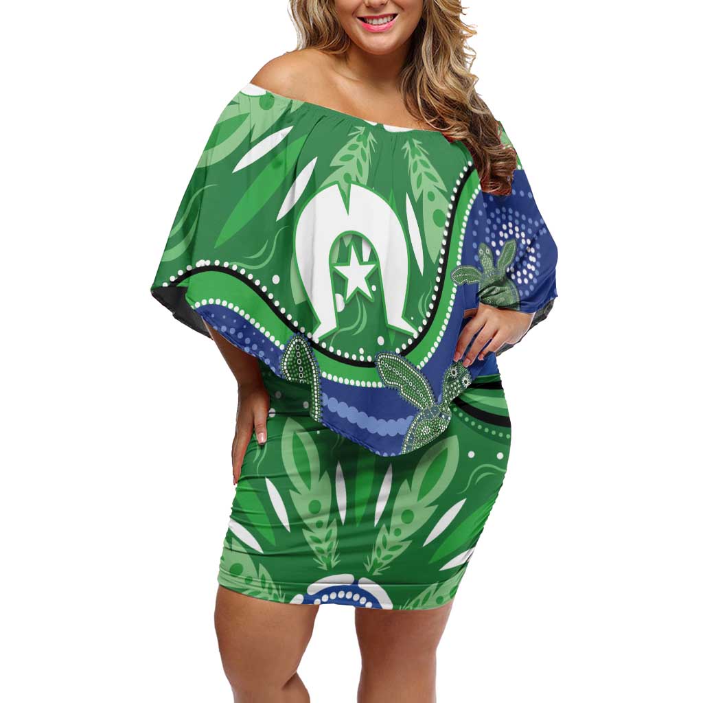 Torres Strait Islands Off Shoulder Short Dress Dhari Turtles Sea Animal Aboriginal Dot Art