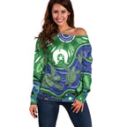 Torres Strait Islands Off Shoulder Sweater Dhari Turtles Sea Animal Aboriginal Dot Art