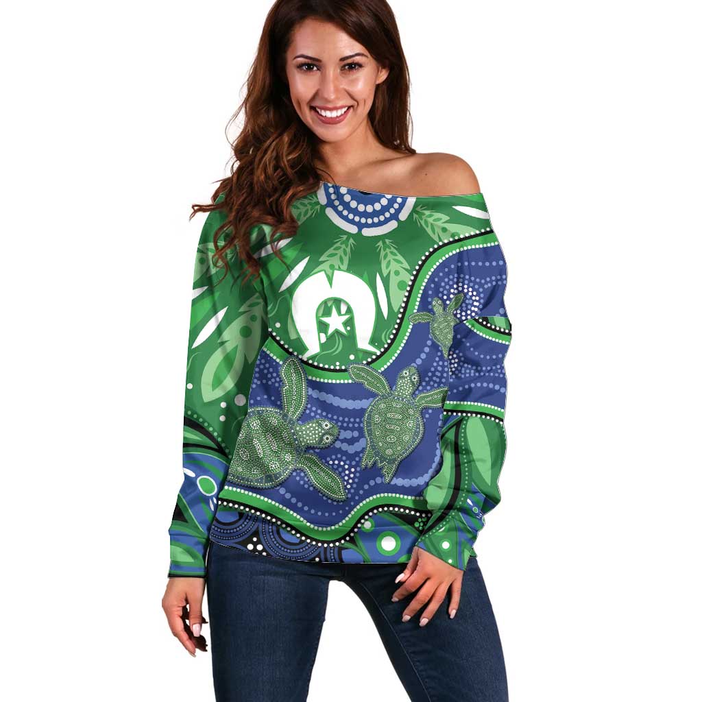 Torres Strait Islands Off Shoulder Sweater Dhari Turtles Sea Animal Aboriginal Dot Art