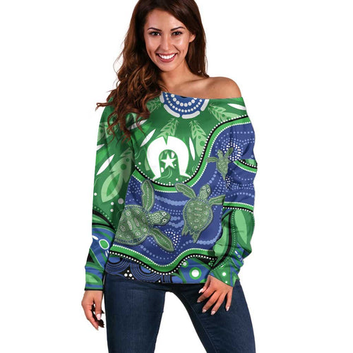 Torres Strait Islands Off Shoulder Sweater Dhari Turtles Sea Animal Aboriginal Dot Art