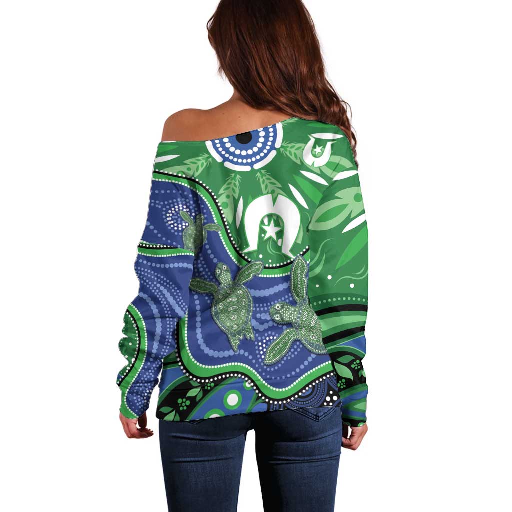 Torres Strait Islands Off Shoulder Sweater Dhari Turtles Sea Animal Aboriginal Dot Art