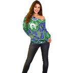Torres Strait Islands Off Shoulder Sweater Dhari Turtles Sea Animal Aboriginal Dot Art