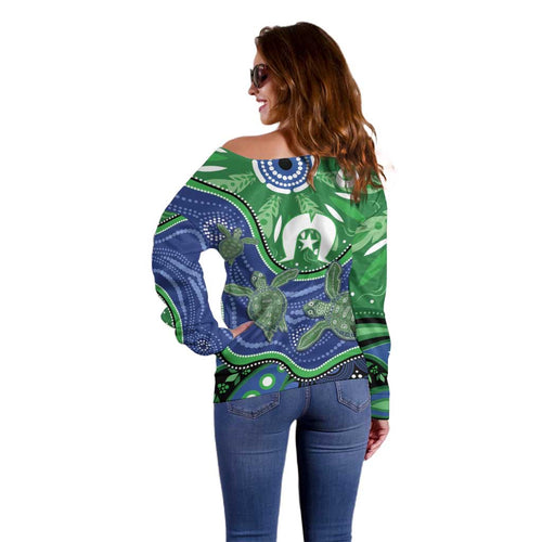 Torres Strait Islands Off Shoulder Sweater Dhari Turtles Sea Animal Aboriginal Dot Art