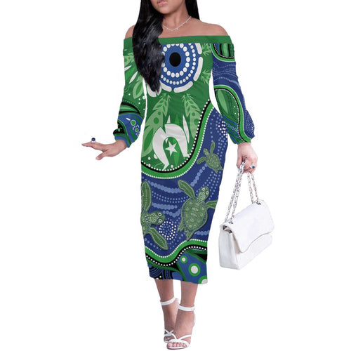 Torres Strait Islands Off The Shoulder Long Sleeve Dress Dhari Turtles Sea Animal Aboriginal Dot Art